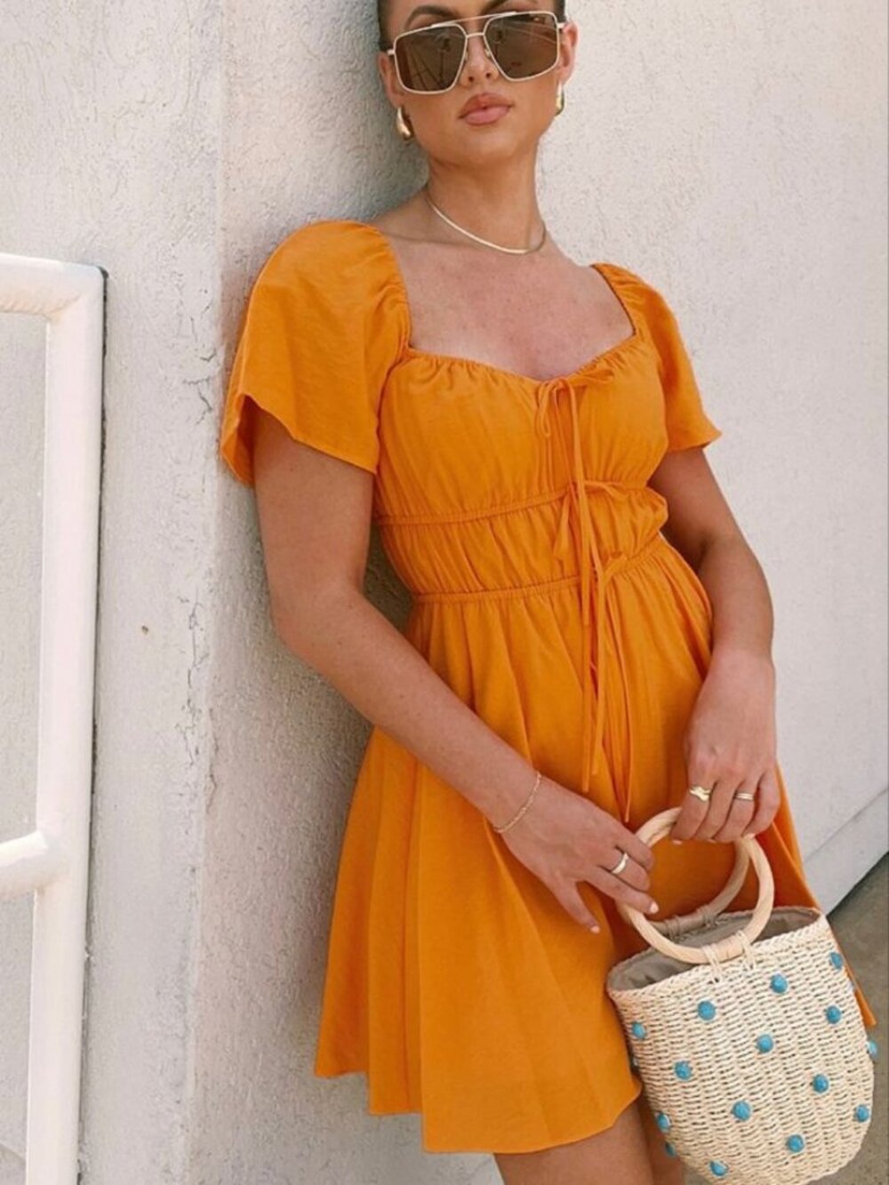 Gianni Bini Talley Tiered Tie Front V-Neck Short Sleeve Dress Orange 10